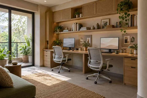 AI-generated home office concept: shared long desk, earth and bamboo direction