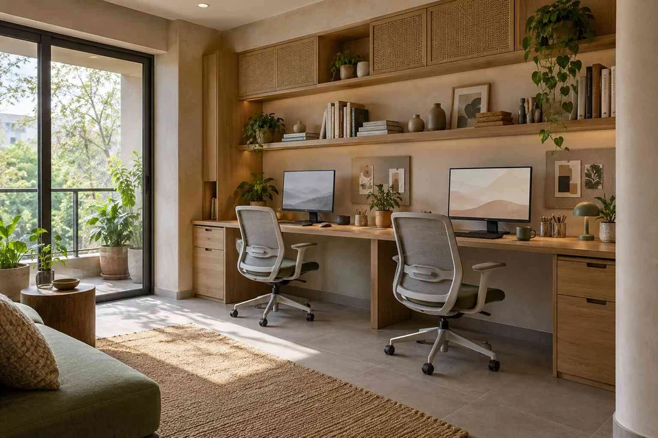 AI-generated home office concept: shared long desk, earth and bamboo direction