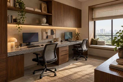 AI-generated home office concept: shared long desk, granite precision direction