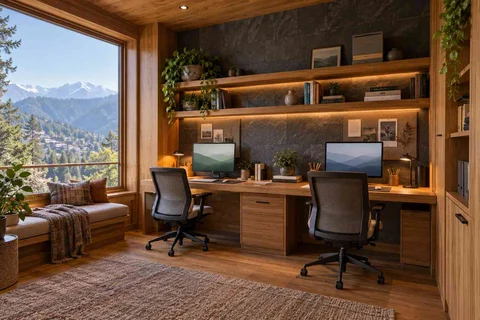 AI-generated home office concept: shared long desk, hill timber direction