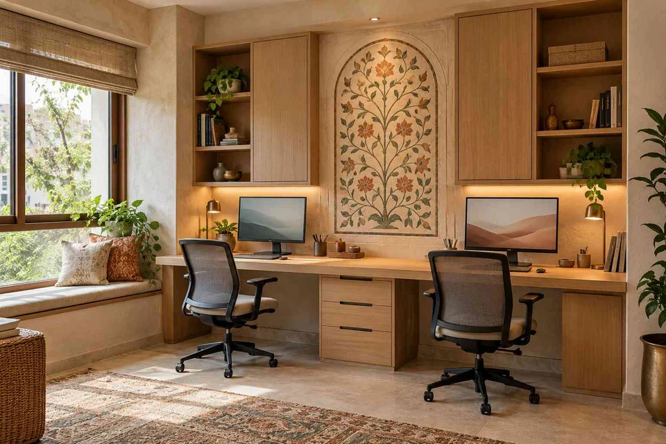 AI-generated home office concept: shared long desk, inlay atelier direction
