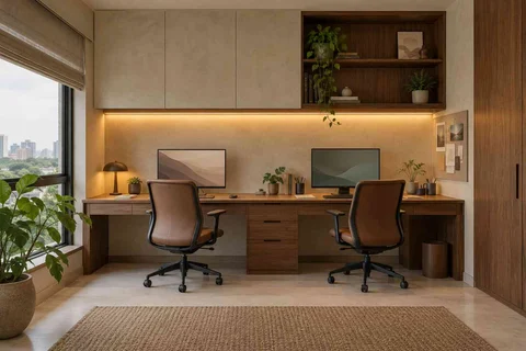 AI-generated home office concept: shared long desk, lime and walnut direction