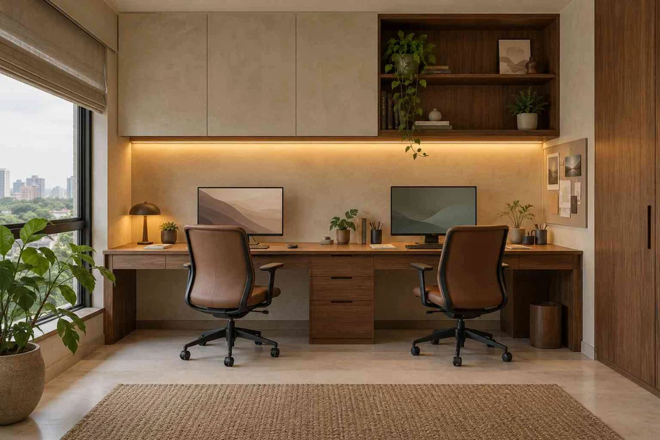 AI-generated home office concept: shared long desk, lime and walnut direction