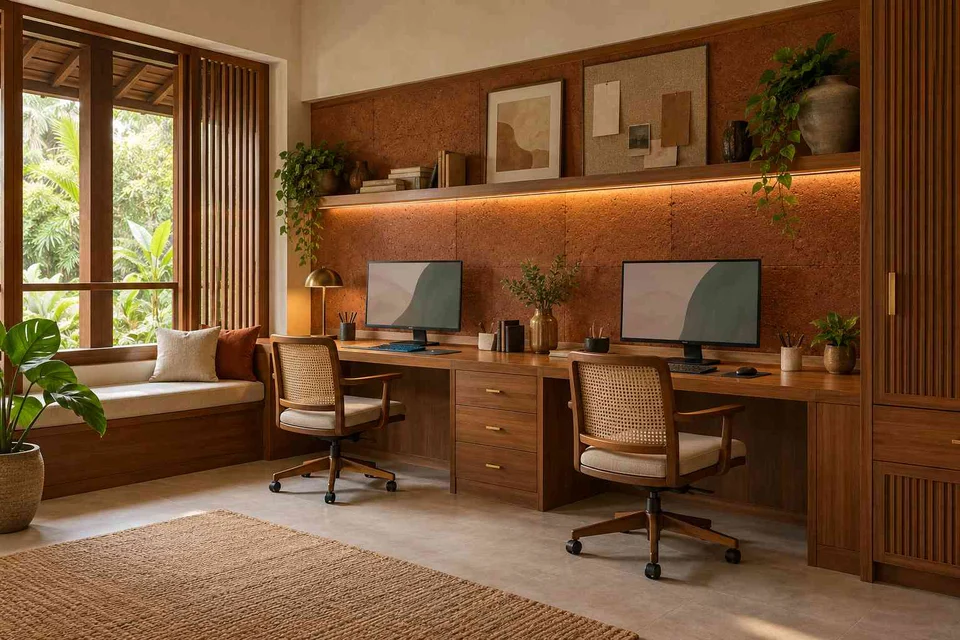 AI-generated home office concept: shared long desk, malabar timber direction