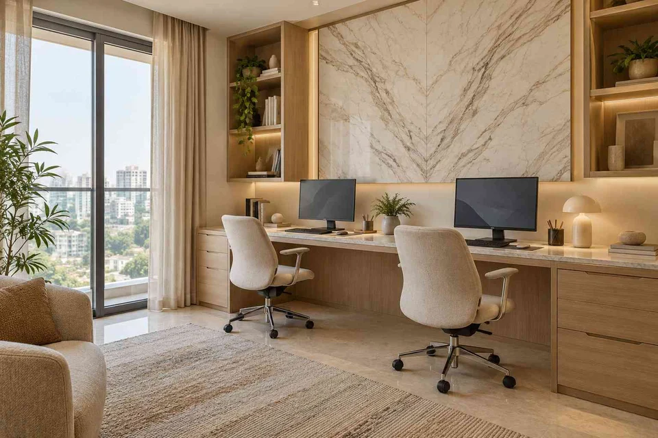AI-generated home office concept: shared long desk, marble restraint direction