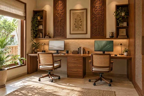 AI-generated home office concept: shared long desk, modern carved direction