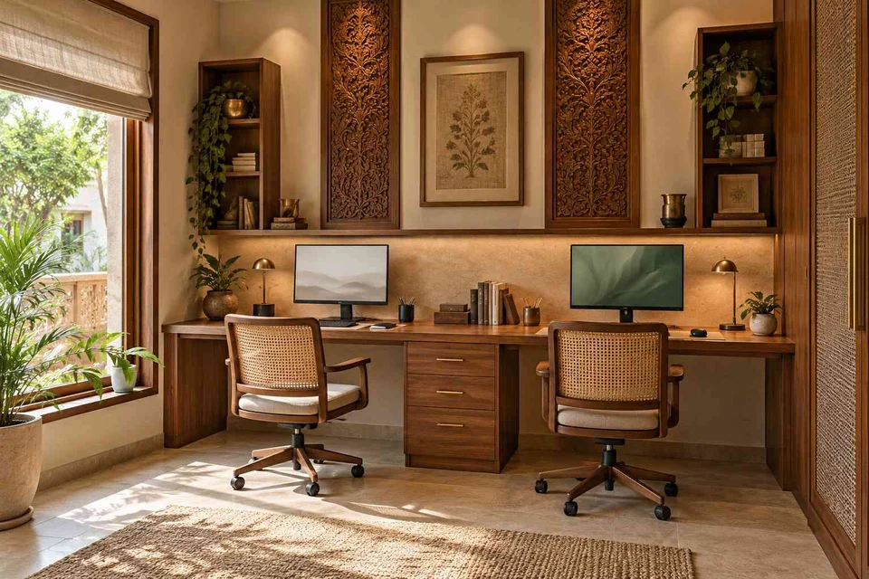 AI-generated home office concept: shared long desk, modern carved direction