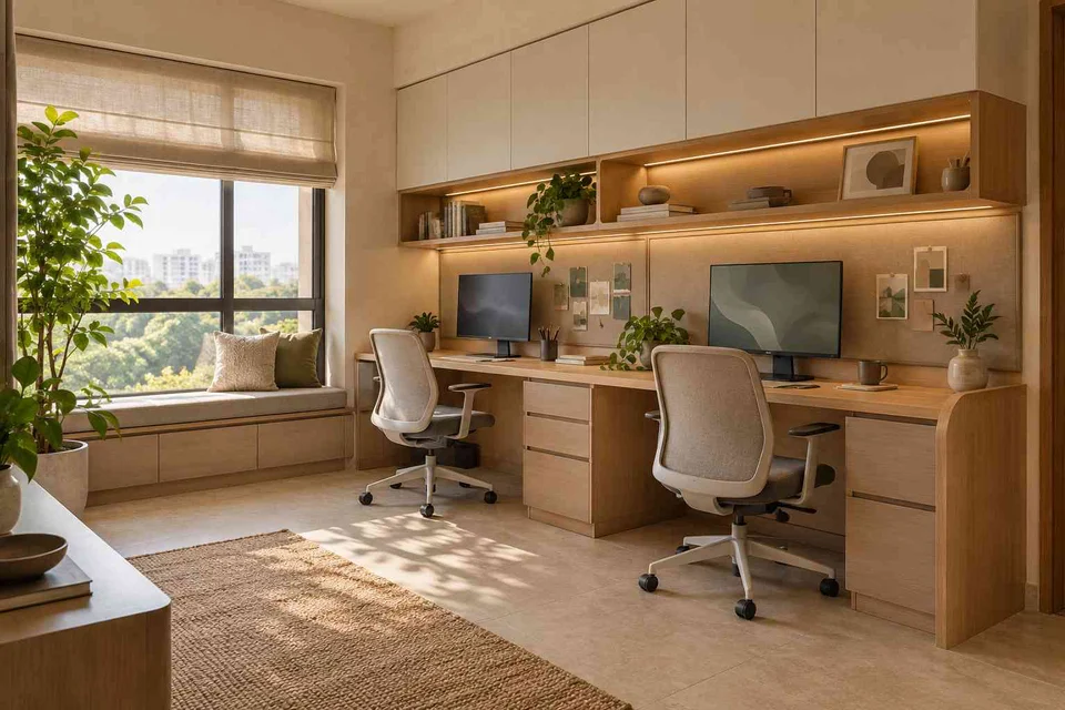 AI-generated home office concept: shared long desk, quiet contemporary direction