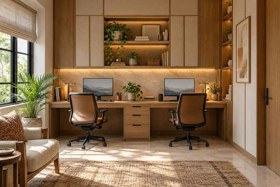 AI-generated home office concept: shared long desk, quiet transitional direction