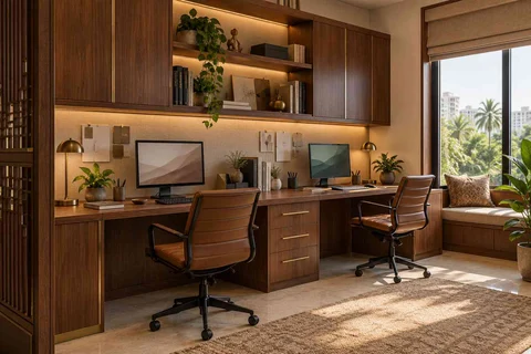 AI-generated home office concept: shared long desk, rosewood brass direction