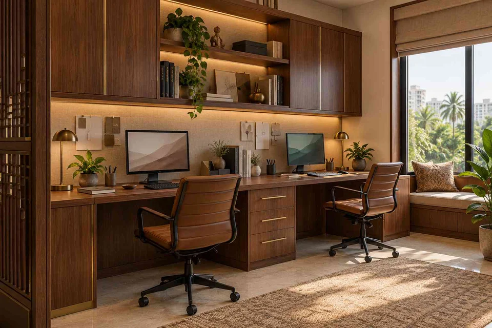 AI-generated home office concept: shared long desk, rosewood brass direction
