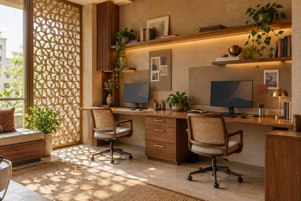 AI-generated home office concept: shared long desk, sandstone lattice direction