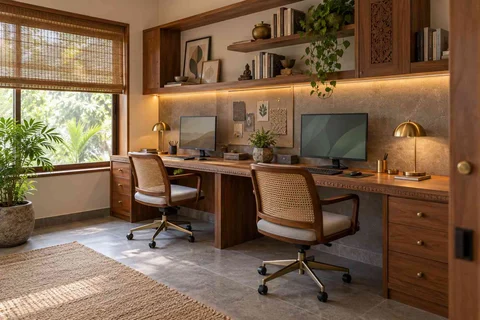 AI-generated home office concept: shared long desk, teak craft direction
