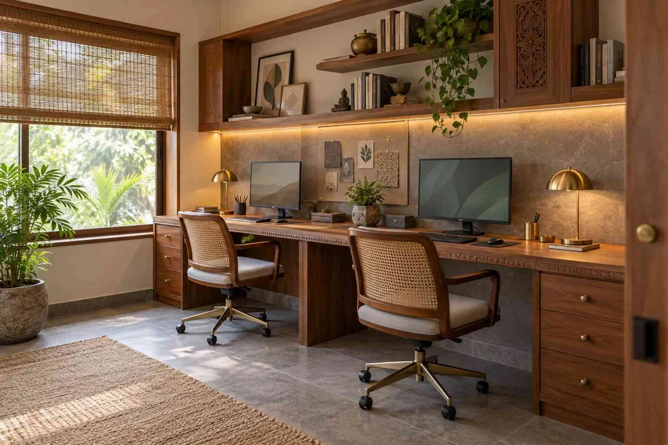 AI-generated home office concept: shared long desk, teak craft direction