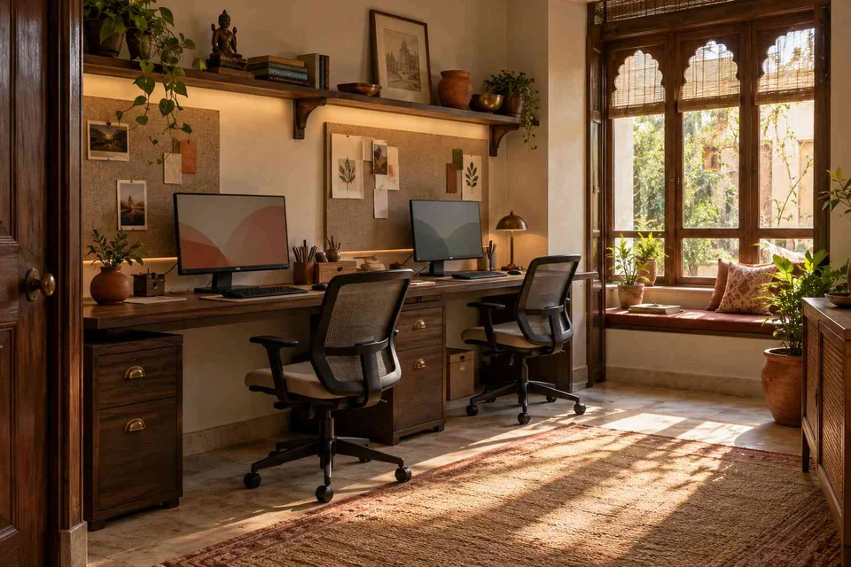 AI-generated home office concept: shared long desk, terracotta heritage direction