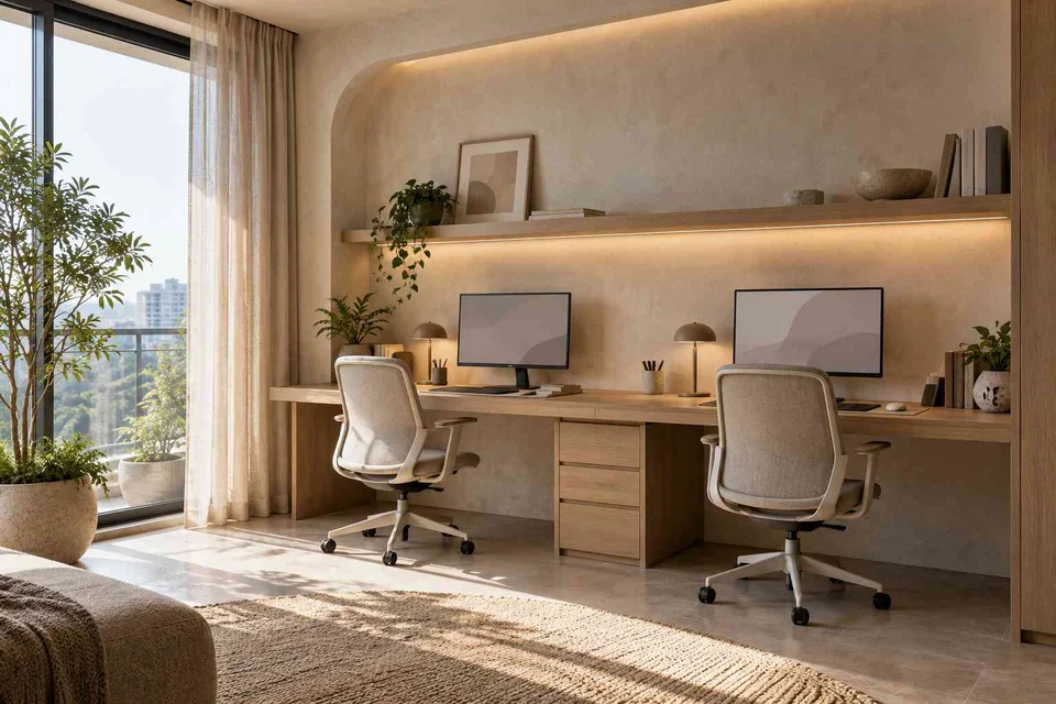 AI-generated home office concept: shared long desk, textured mineral direction