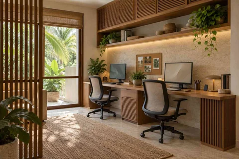 AI-generated home office concept: shared long desk, tropical slatted direction