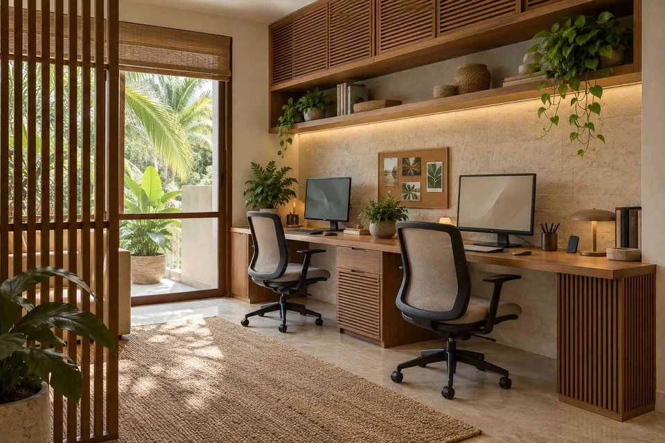 AI-generated home office concept: shared long desk, tropical slatted direction