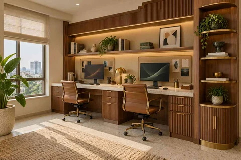 AI-generated home office concept: shared long desk, urban deco direction