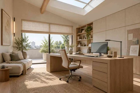 AI-generated home office concept: skylit work retreat, ash and linen direction