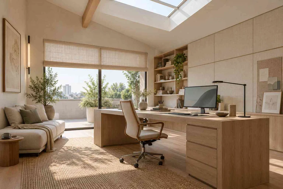 AI-generated home office concept: skylit work retreat, ash and linen direction