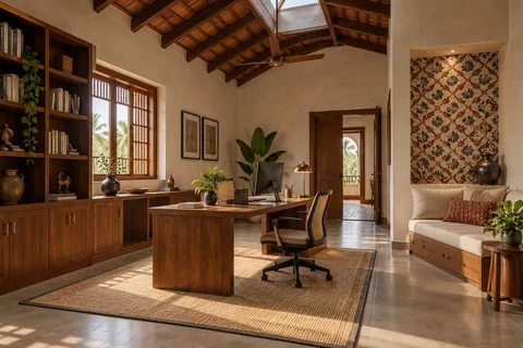 AI-generated home office concept: skylit work retreat, chettinad tile direction