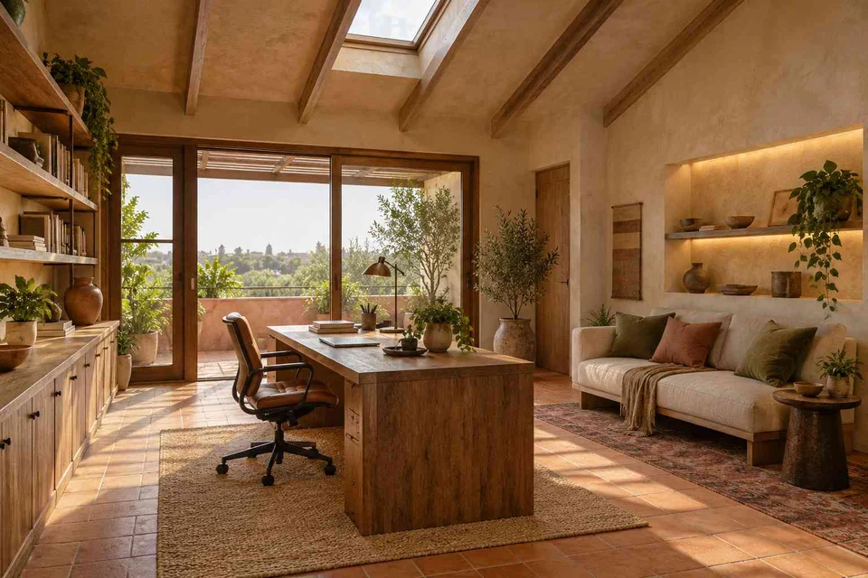 AI-generated home office concept: skylit work retreat, clay artisan direction