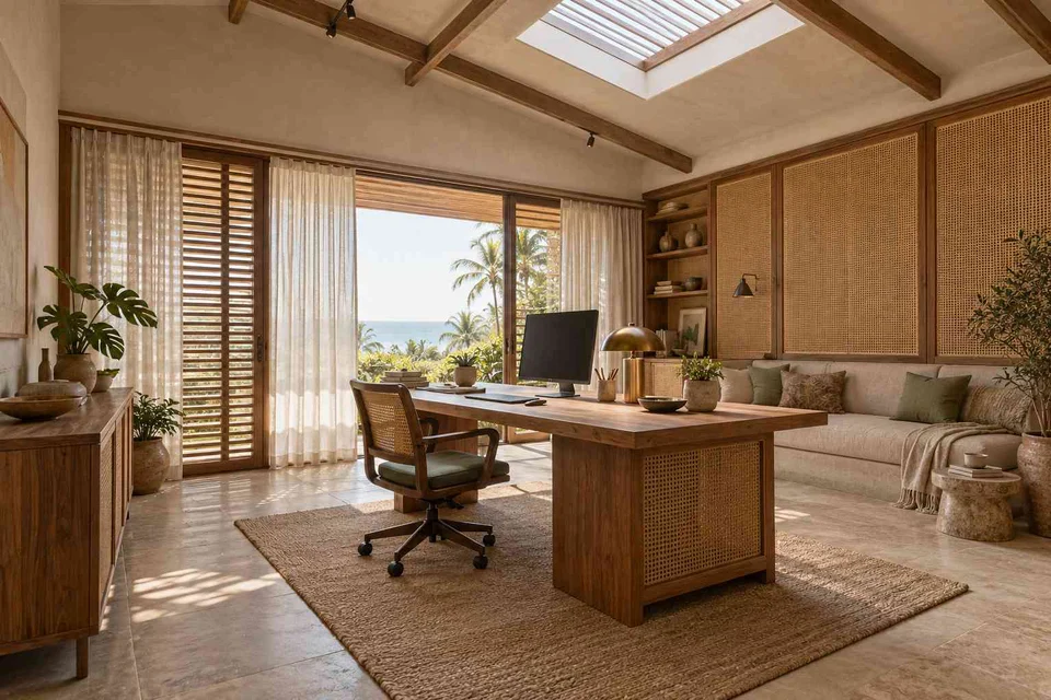 AI-generated home office concept: skylit work retreat, coastal woven direction