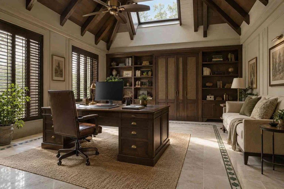 AI-generated home office concept: skylit work retreat, colonial quiet direction