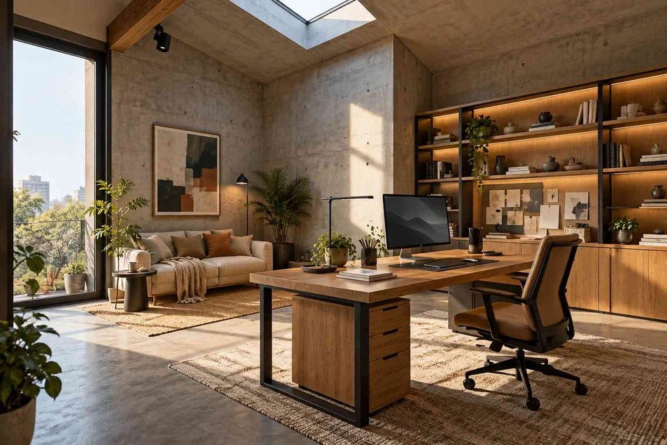 AI-generated home office concept: skylit work retreat, concrete and oak direction