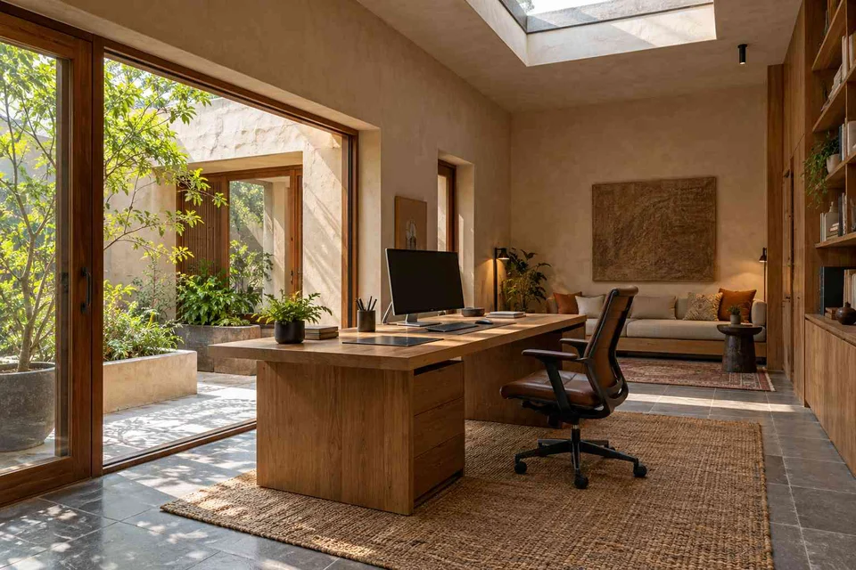 AI-generated home office concept: skylit work retreat, courtyard modern direction