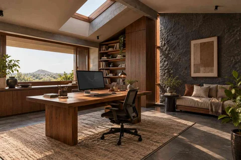 AI-generated home office concept: skylit work retreat, deccan stone direction