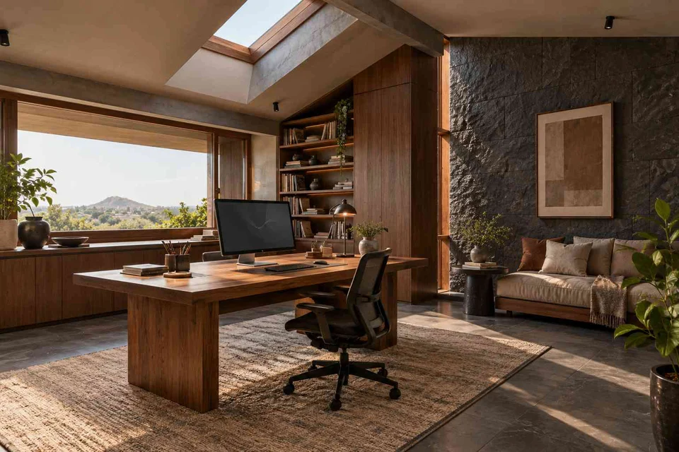 AI-generated home office concept: skylit work retreat, deccan stone direction