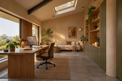 AI-generated home office concept: skylit work retreat, earth and bamboo direction