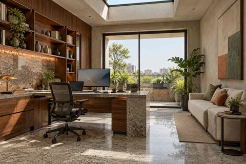 AI-generated home office concept: skylit work retreat, granite precision direction