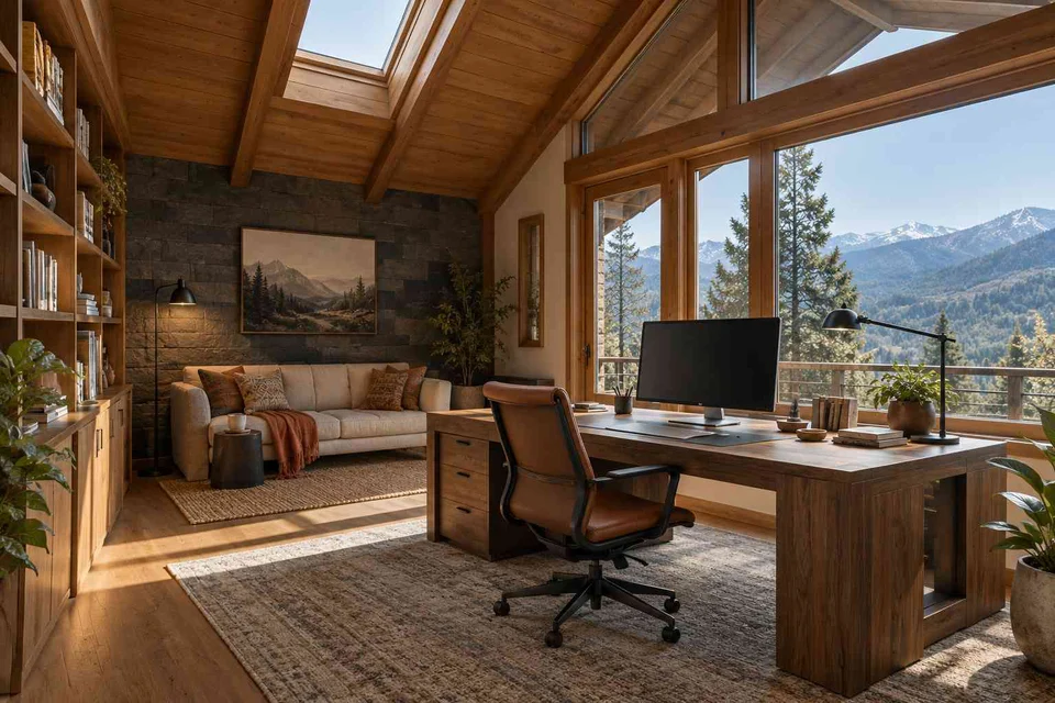 AI-generated home office concept: skylit work retreat, hill timber direction