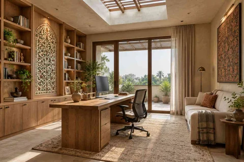 AI-generated home office concept: skylit work retreat, inlay atelier direction