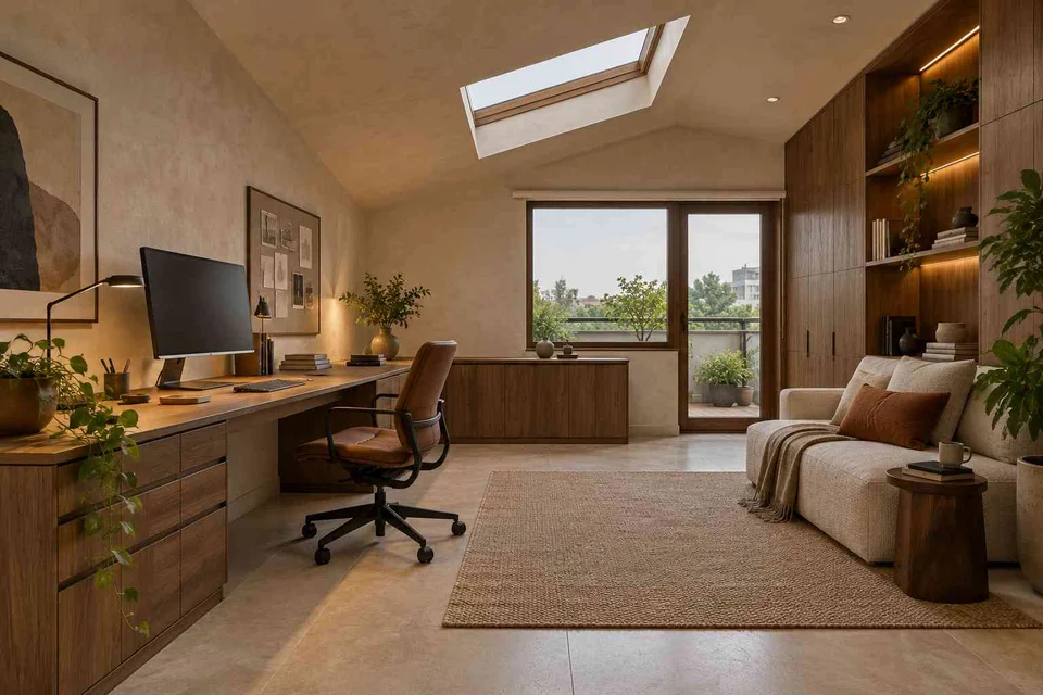 AI-generated home office concept: skylit work retreat, lime and walnut direction