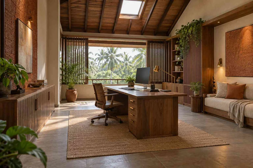 AI-generated home office concept: skylit work retreat, malabar timber direction