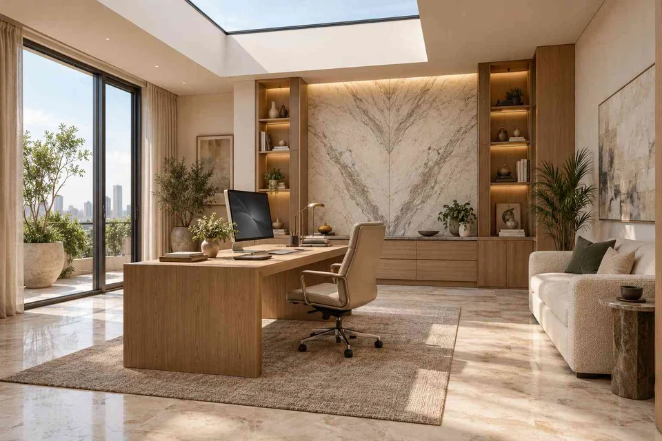 AI-generated home office concept: skylit work retreat, marble restraint direction