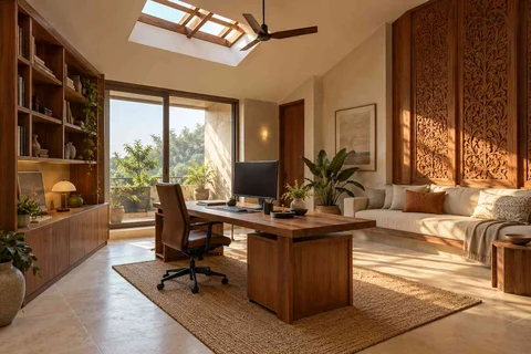 AI-generated home office concept: skylit work retreat, modern carved direction