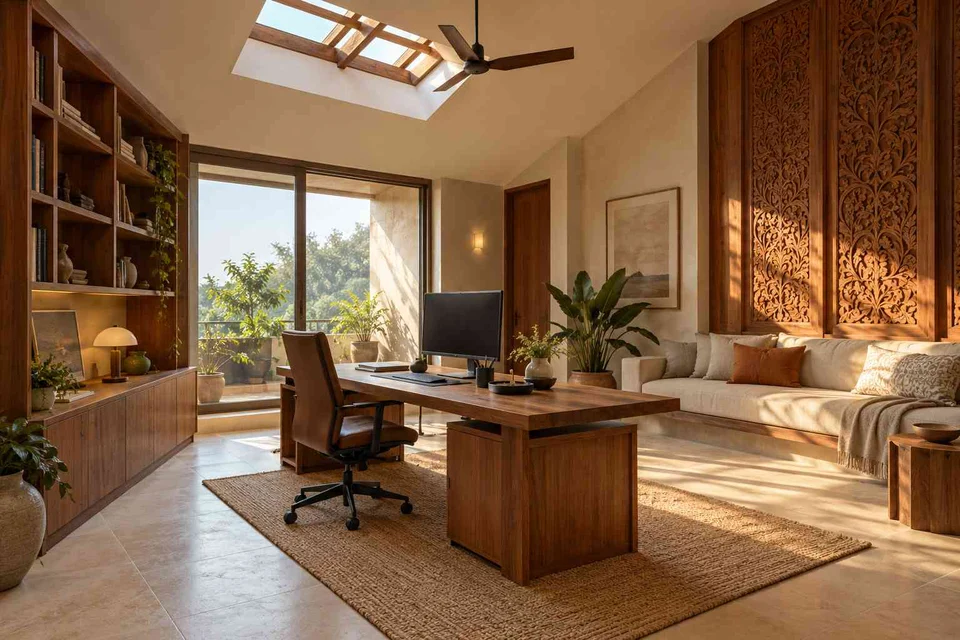 AI-generated home office concept: skylit work retreat, modern carved direction