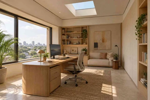 AI-generated home office concept: skylit work retreat, quiet contemporary direction