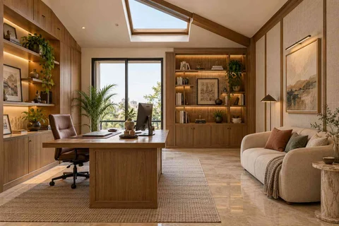 AI-generated home office concept: skylit work retreat, quiet transitional direction