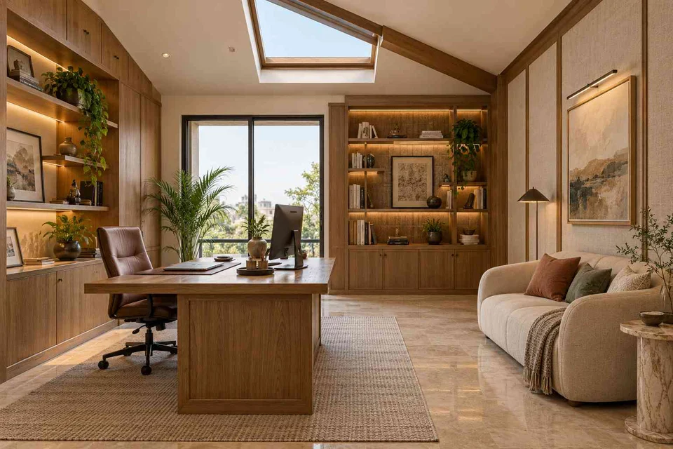 AI-generated home office concept: skylit work retreat, quiet transitional direction