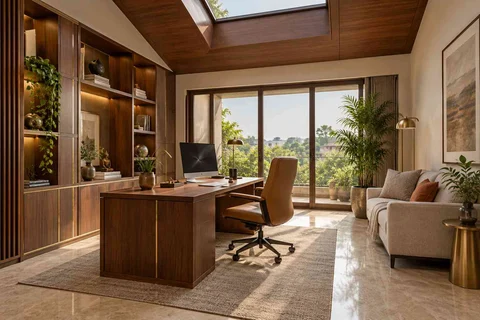 AI-generated home office concept: skylit work retreat, rosewood brass direction