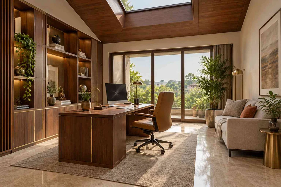 AI-generated home office concept: skylit work retreat, rosewood brass direction