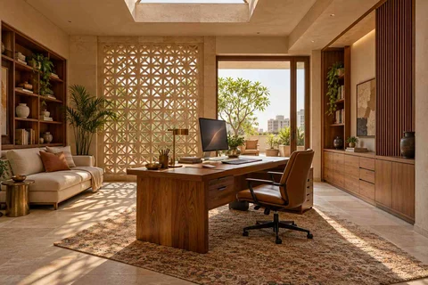 AI-generated home office concept: skylit work retreat, sandstone lattice direction
