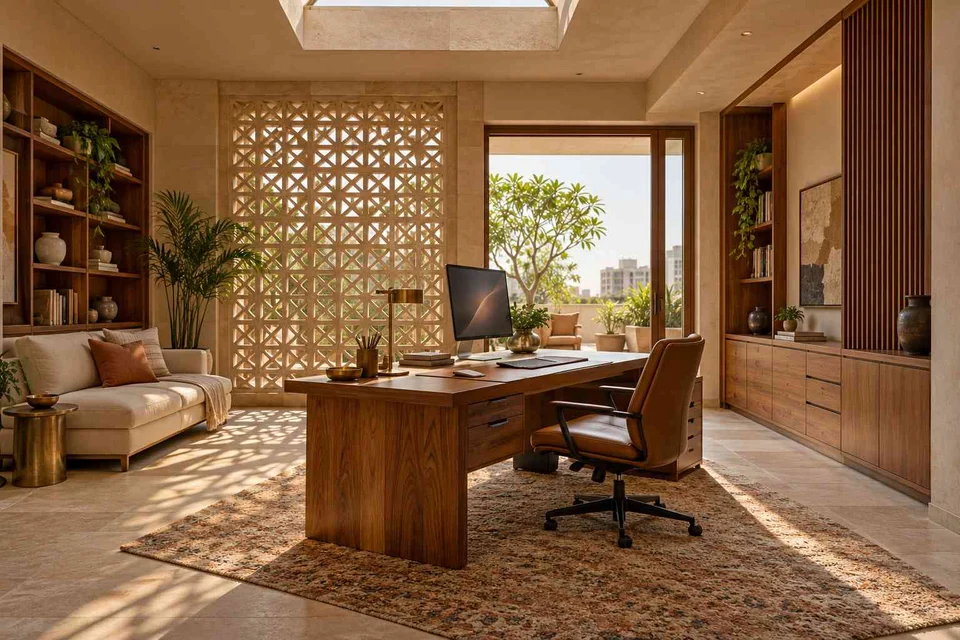 AI-generated home office concept: skylit work retreat, sandstone lattice direction