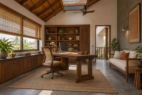 AI-generated home office concept: skylit work retreat, teak craft direction